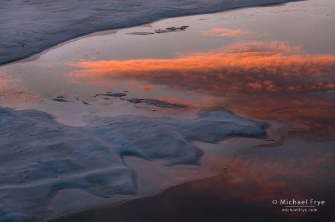 Deep Freeze High Country: Cloud reflected in Middle Gaylor Lake at sunset, Yosemite NP, CA, USA