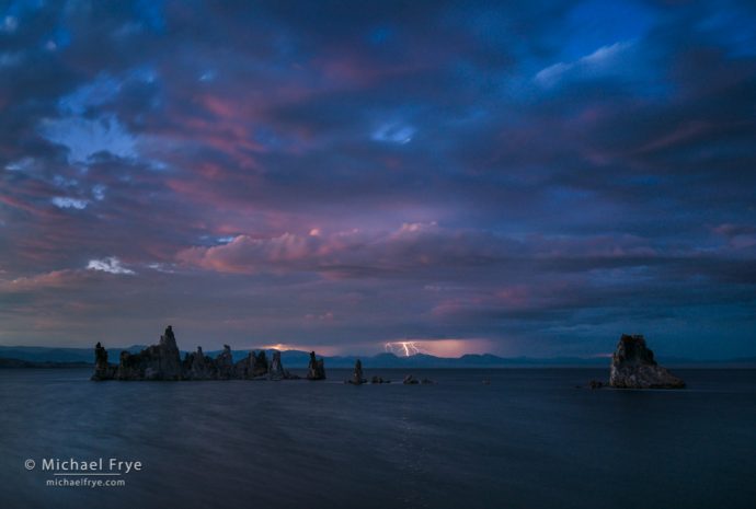 Lightning at dusk, Mono Lake, CA, USA