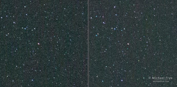 A comparison of a 3-second exposure (left) with a 4-second exposure (right) using the "star-eater" firmware (version 3.3) on my Sony a7R II (the "star-eater" noise-reduction algorithm kicks in with exposures longer than 3 seconds)SonyAlphaRumors. Most of the tiniest starts are still visible in the 4-second exposure, but noticeably softened and indistinct. (Click on the image to view at 100%.)