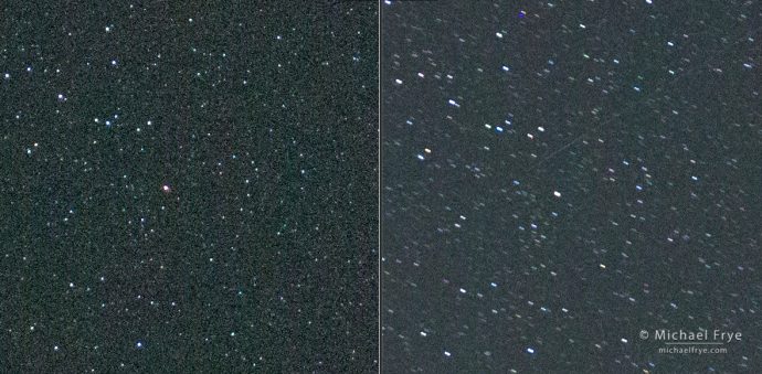 A comparison of a 3-second exposure (left) with a 20-second exposure (right) using the "star-eater" firmware (version 3.3) on my Sony a7R II. The longer exposure turned the faint stars into short streaks, making them more visible. (Click on the image to view at 100%.)SonyAlphaRumors