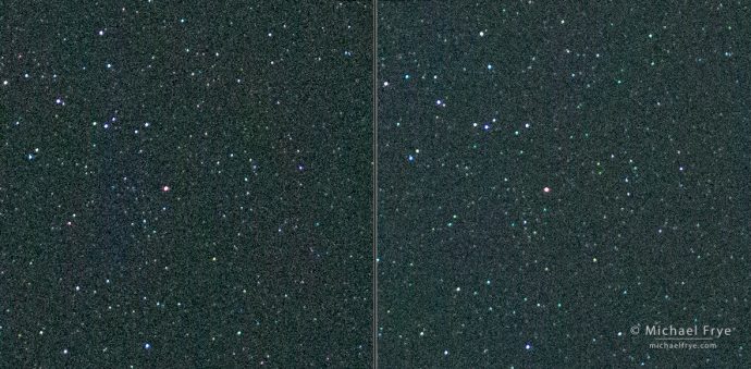 A comparison of a 3-second exposure (left) with a 4-second exposure (right) using the latest firmware (version 4.0) on my Sony a7R II. The softening effect is less apparent than with the previous firmware version, so tiny stars are more visible and distinct. (Click on the image to view at 100%.) SonyAlphaRumors