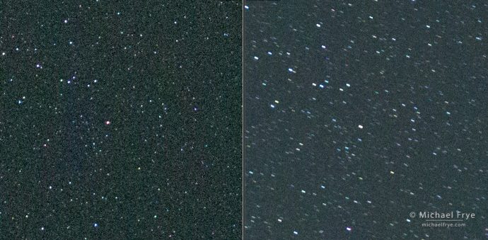 A comparison of a 3-second exposure (left) with a 20-second exposure (right) using the latest firmware (version 4.0) on my Sony a7R II. Again, the new firmware makes the stars on the right sharper and more disctinct. There may actually be more tiny stars visible on the right than the left. (Click on the image to view at 100%.)SonyAlphaRumors