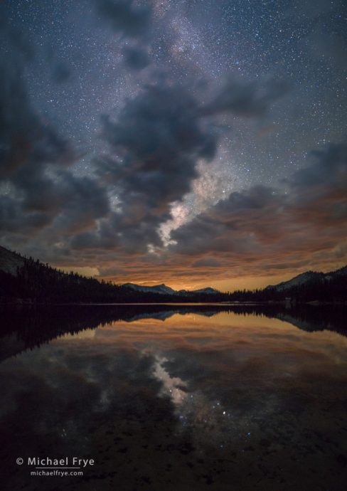 Starry Skies, and Nighttime Reflections, Clouds and Milky Way reflected in Tenaya Lake, Yosemite NP, CA, USA