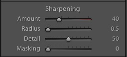 My default sharpening  camera settings for landscape photographs in Lightroom. These are just a starting point.