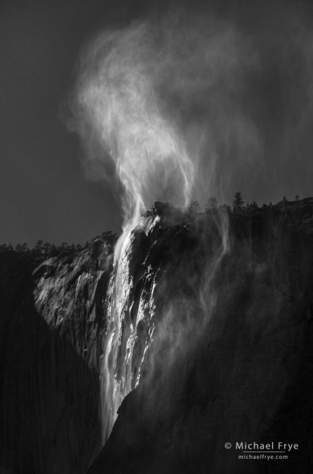 13. Wind-blown spray above Horsetail Fall, Yosemite NP, CA, USA