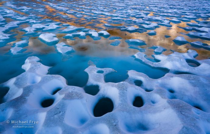 23. Reflections in melting ice, Saddlebag Lake, Inyo NF, CA, USA