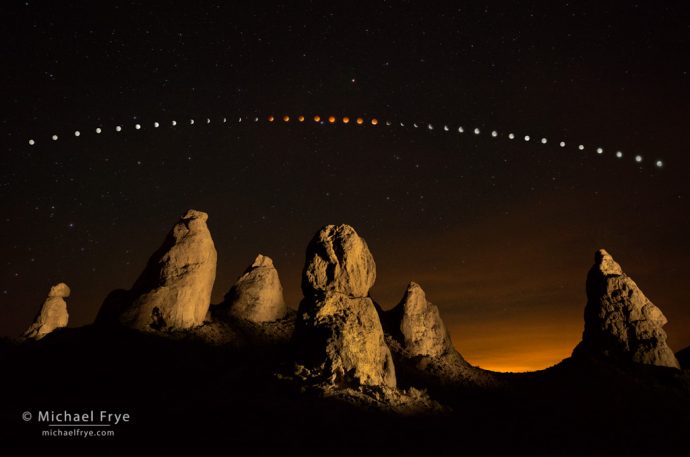 Moon's Path: Lunar eclipse sequence, April 14th and 15th, Trona Pinnacles, CA, USA