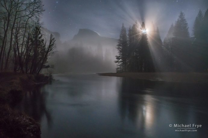 Misty moonrise, Half Dome and the Merced River, Yosemite NP, CA, USA