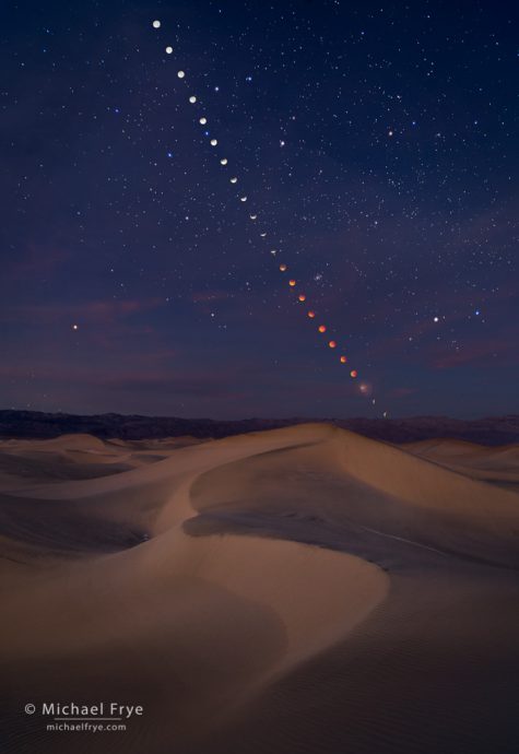 Lunar eclipse sequence over the Mesquite Flat Dunes, January 31st, 2018, Death Valley NP, CA, USA