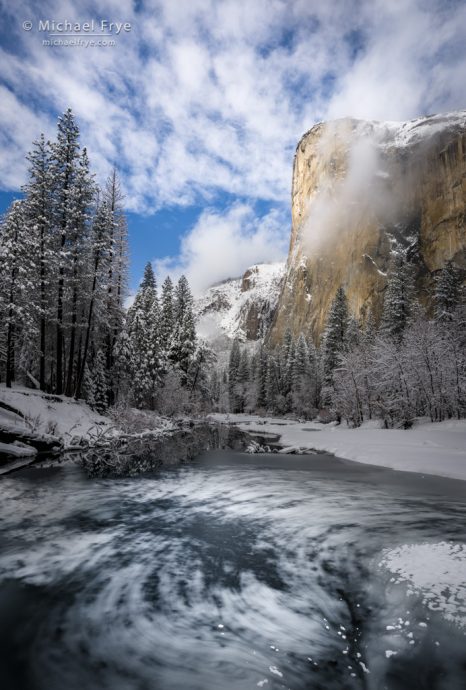 For Good Compositions, Create what I call a Visual Echo: Winter morning, El Capitan and the Merced River, Yosemite NP, CA, USA