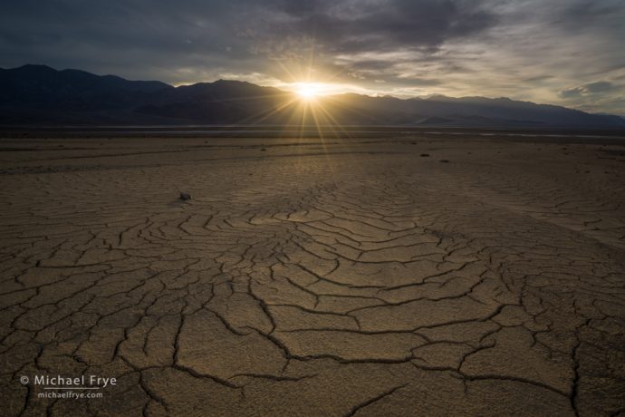 From Sunbeams and Starbursts: Mud cracks and setting sun, Death Valley NP, CA, USA