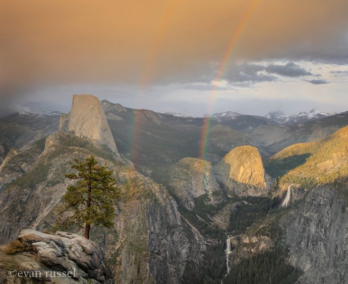 Half Dome at Sunset and Double Rainbow from Washburn Point, by Evan Russel