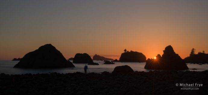 Photographer at sunset, Crescent City, CA, USA