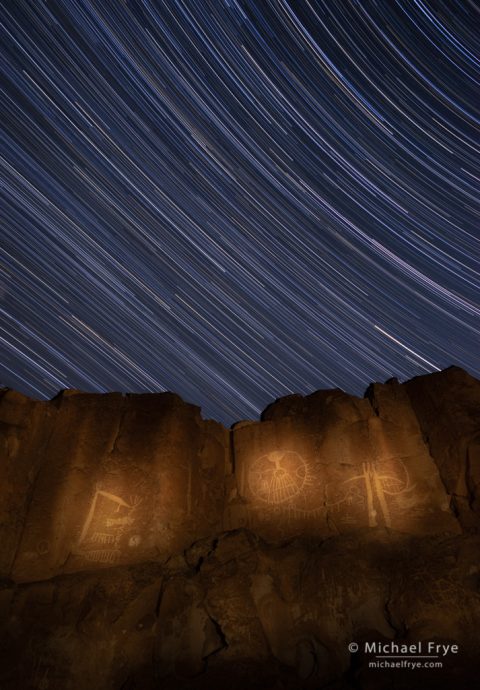Petroglyphs and star trails, Owens Valley, CA, USA