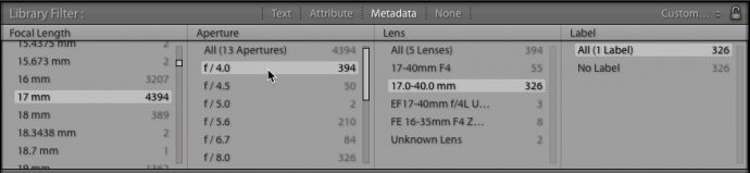 Refining the filter to show images made with a particular lens, focal length, and aperture.