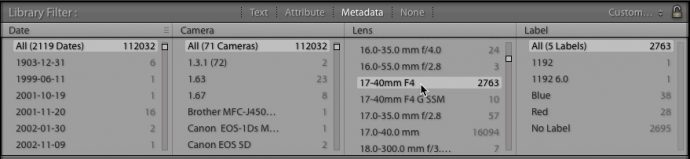 Using Lightroom Classic's Filter Bar to find images made with a specific lens.