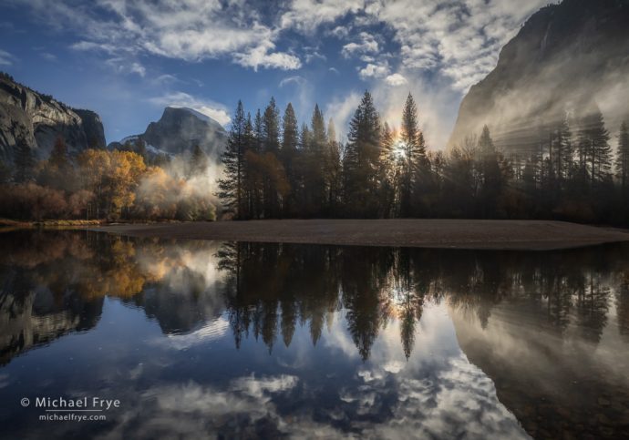 Sunbeams, mist, Half Dome, and the Merced River, Yosemite National Park, California