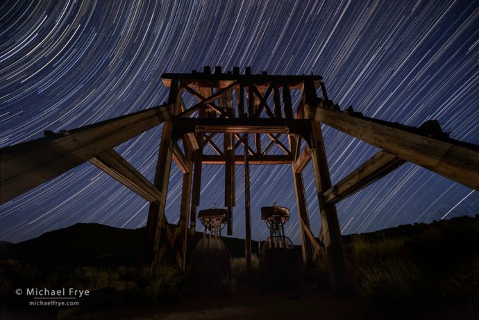 24. Head frame and steam hoist at night, Bodie SHP, California