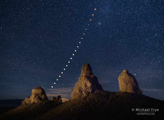 Lunar eclipse sequence, Trona Pinnacles, CA, USA, 1-20-19