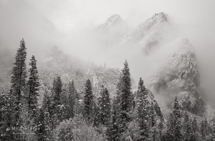 Snow, mist, trees, and Three Brothers, Yosemite NP, CA, USA