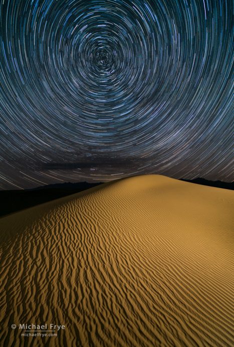 Sand dune and star trails, Death Valley NP, CA, USA