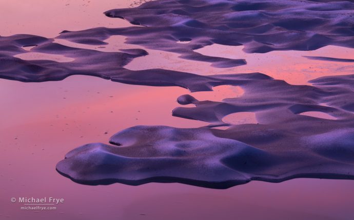 Melting ice and sunset reflections, Yosemite NP, CA, USA