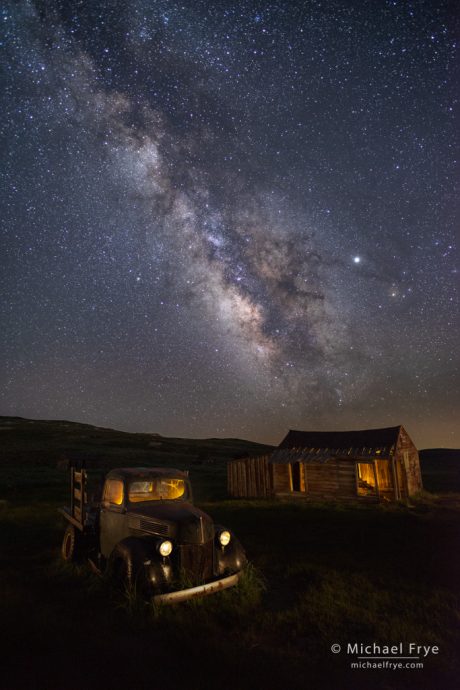 Old truck and shed underneath the Milky Way, Bodie SHP, CA, USA