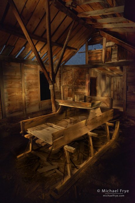 Sleigh, shed, and stars, Bodie SHP, CA, USA