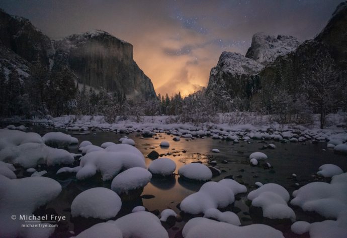 36. Snowy night along the Merced River, Yosemite NP, California