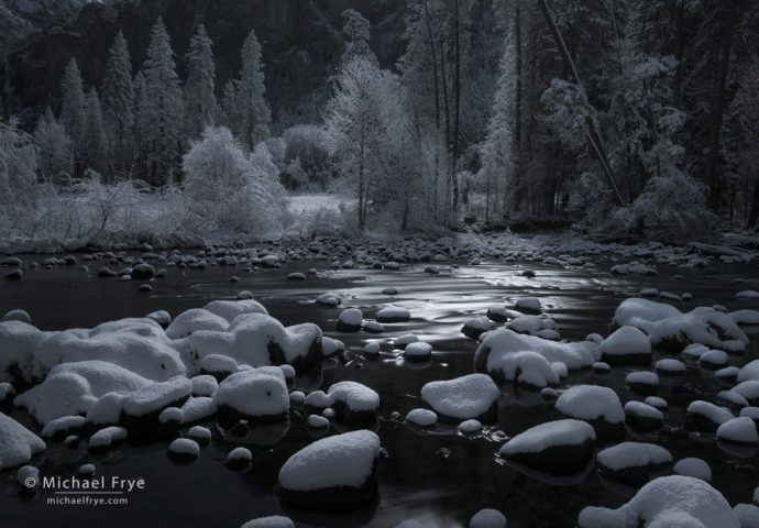 Moonlit night along the Merced River, Yosemite NP, CA, USA