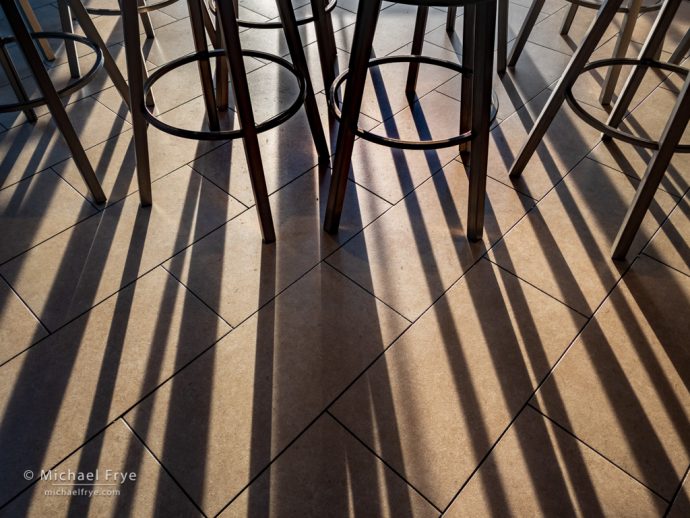 Barstools and shadows at a Rubio's in Bakersfield, CA, USA