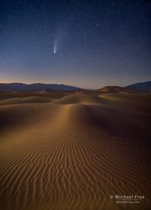 Comet NEOWISE over moonlit sand dunes, Death Vallay NP, CA, USA