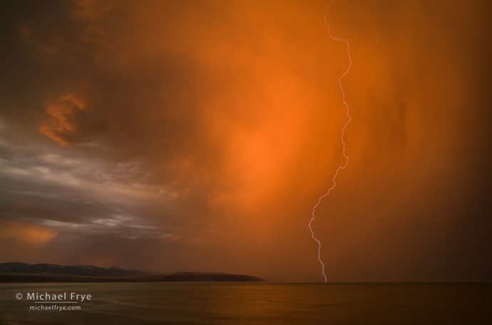 Lightning at sunset, Mono Lake, CA, USA