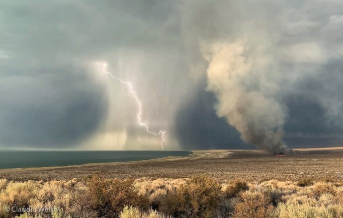 Lightning and smoke from the Beach Fire, Mono Lake, by Claudia Welsh