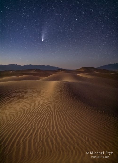 Comet NEOWISE over moonlit sand dunes, Death Valley NP, CA, USA