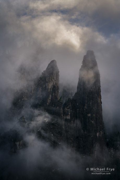 Mist, clouds, and Cathedral Spires, Yosemite NP, CA, USA