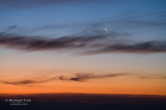 Venus and crescent moon, sunrise, Sierra Nevada foothills, CA, USA