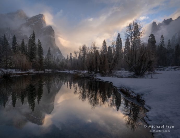 Three Brothers, Sentinel Rock, and the Merced River at sunrise, Yosemite NP, CA, USA