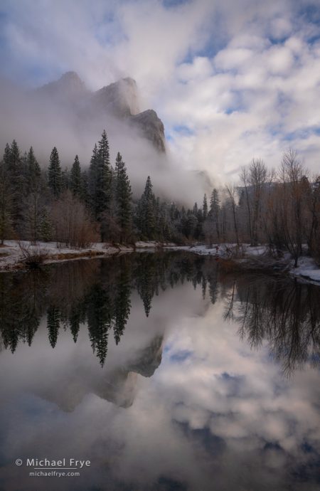 Mist, clouds, and the Three Brothers, Yosemite NP, CA, USA