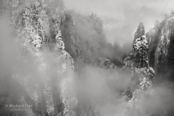 Snow, mist, and Cathedral Spires, Yosemite NP, CA, USA