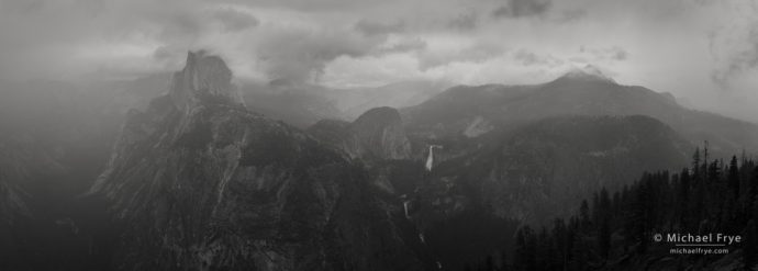 Half Dome, Nevada Fall, and Mt. Starr King in the rain from Glacier Point, Yosemite NP, CA, USA