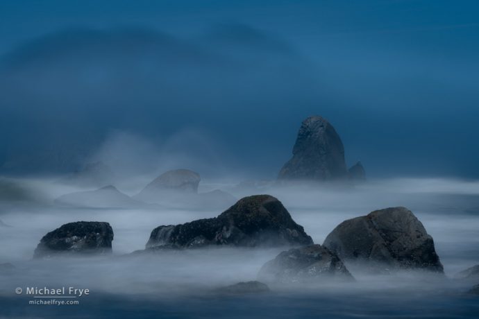 Waves, fog, and sea stacks, northern California coast, USA