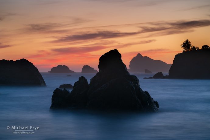 Sea stacks at sunset, Pacific Coast, California, USA