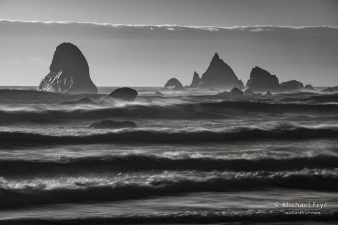 Waves and sea stacks, northern California coast, USA