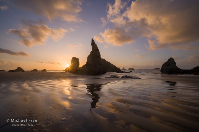 Sea stacks and reflections at sunset, Oregon Coast, USA