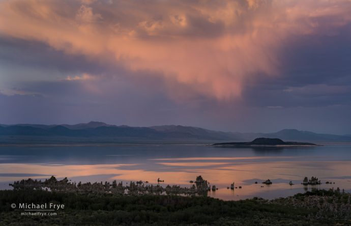 Clouds, tufa, and Negit Island at sunset, Mono Lake, CA, USA