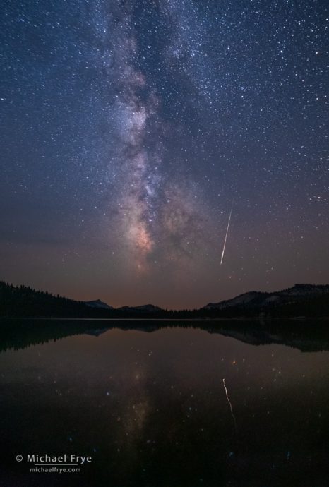 Milky Way and meteor reflected in an alpine lake, Yosemite NP, CA, USA