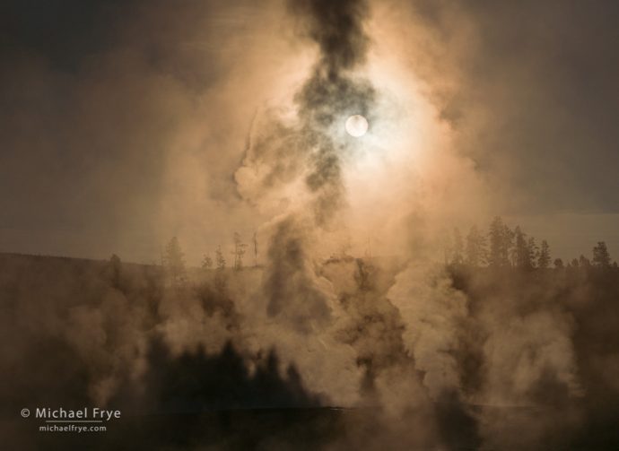 Sun and mist, Yellowstone NP, WY, USA