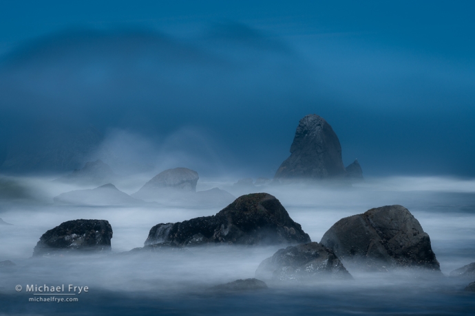 12. Waves, fog, and sea stacks, northern California coast, USA