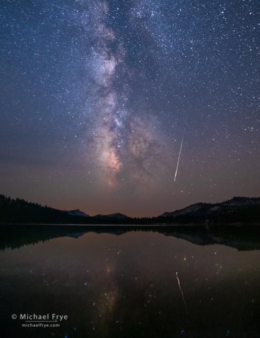 16. Milky Way and meteor reflected in an alpine lake, Yosemite NP, CA, USA